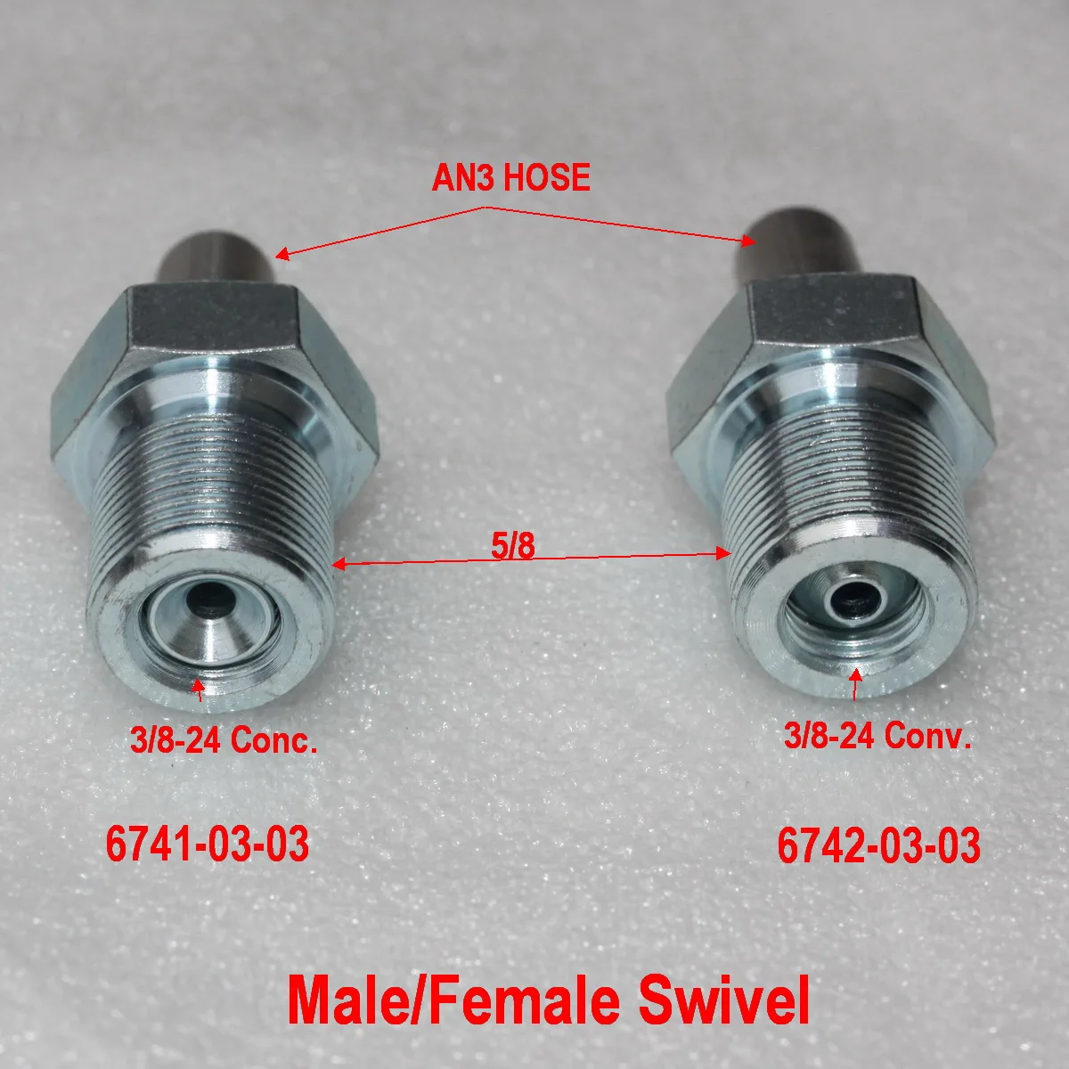 

3/8-24 CONC. CONV. Female 5/8 Male Swivel Nut 3-pc Suits for AN3 Braided Hose