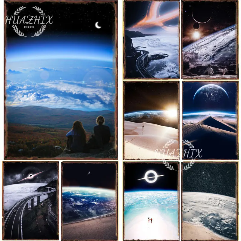 

Science Fiction Series Tin Painting Earth Moon Satellite Pictures Metal Signs School Library Home Bedroom Wall Art Decoration