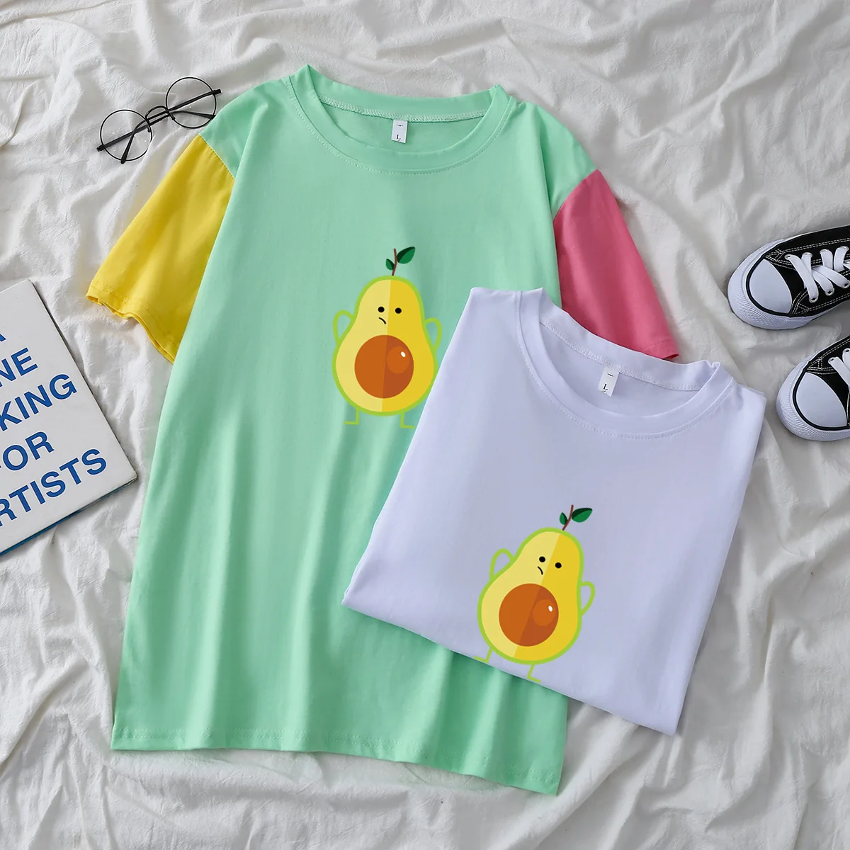 

2022 Summer New Avocado Anime Series Printing Korean Version Cotton T Cute Cartoon Retro Harajuku Style Top Women