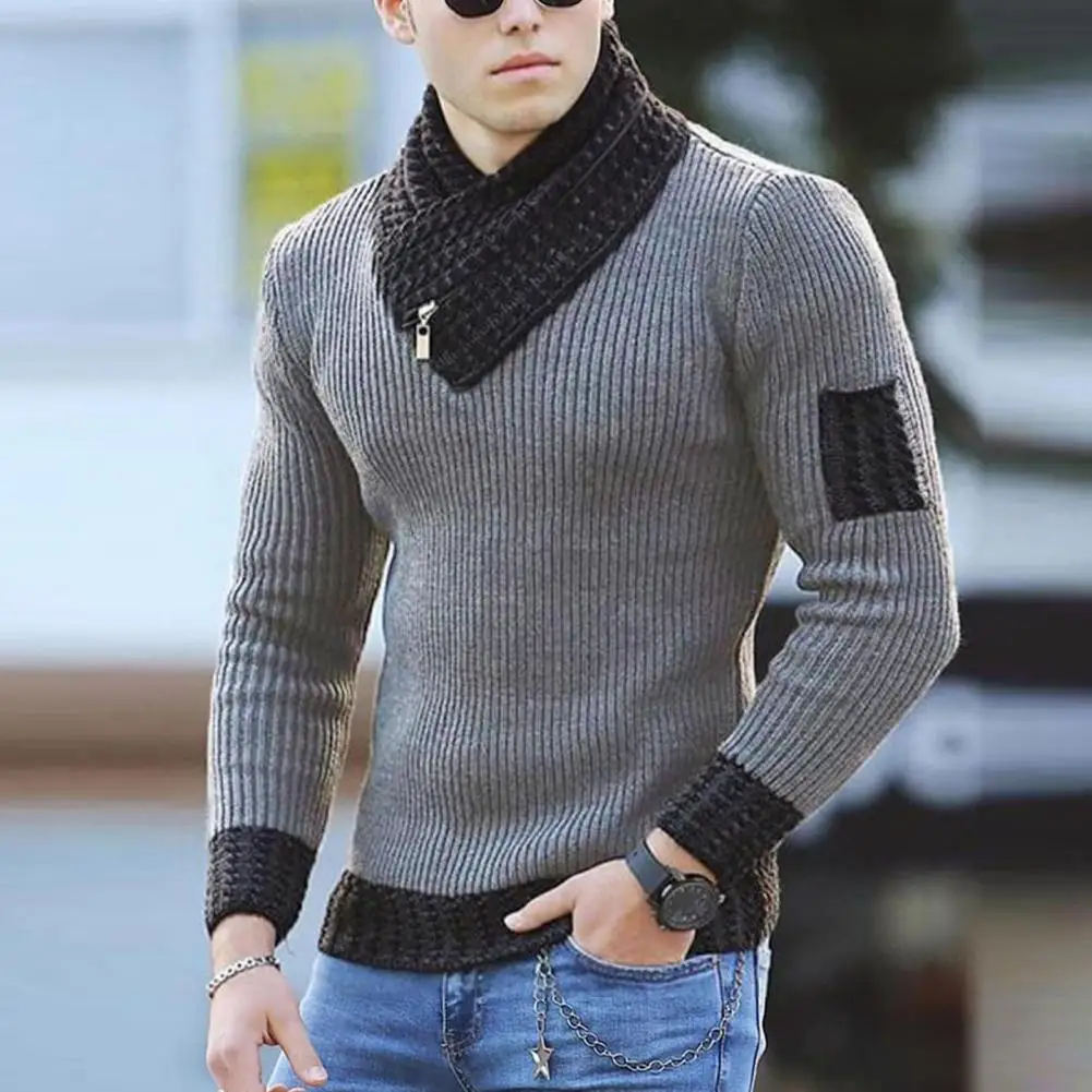 

Stylish Knitted Sweater Blouse Men Sweater Stretchy Scarf Collar Long Sleeve Men Sweater All-matched