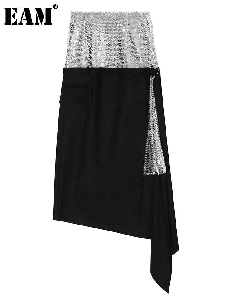 

[EAM] High Waist Black Color-block Sequins Irregular Long Half-body Skirt Women Fashion Tide New Spring Autumn 2023 1DF5219