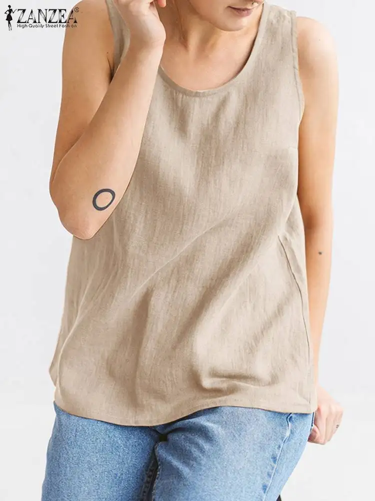 

Топ ZANZEA женский без рукавов, однотонная Тонкая блузка с круглым вырезом, Модная элегантная повседневная Праздничная пляжная рубашка, лето ...