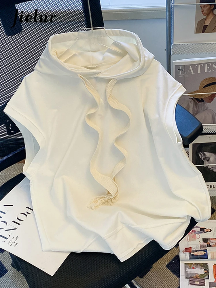 

Jielur Autumn Hooded Women's Sweashirt Sleeveless Terry Vest Black White Hoodies Woman Cool Harajuku Pullover Female Streetwear