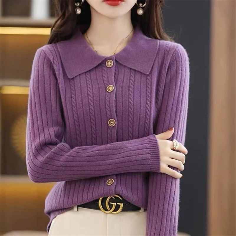 

Limiguyue Knitted Cardigans Elegant Sweaters Knitwear Women Vintage Stripe Twisted Turn Down Neck Autumn Winter Straight Coats