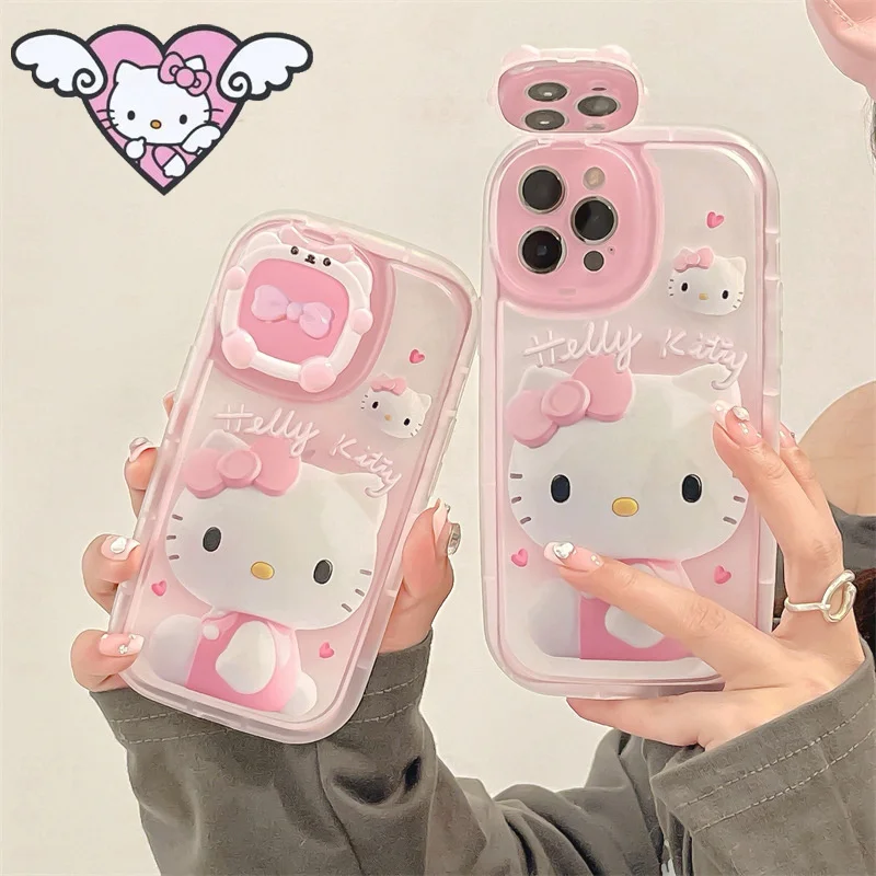 

Новый чехол Sanrio KT в виде кошки с маленьким зеркалом подходит для милых девушек розового цвета Hello Kitty