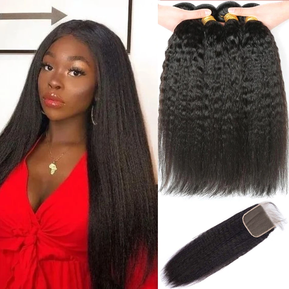 

12A Kinky Straight Bundles With Frontals Peruvian Hair Bundles With Closure Yaki Straight Remy 100% 4 Bundle Human Hair cheveaux