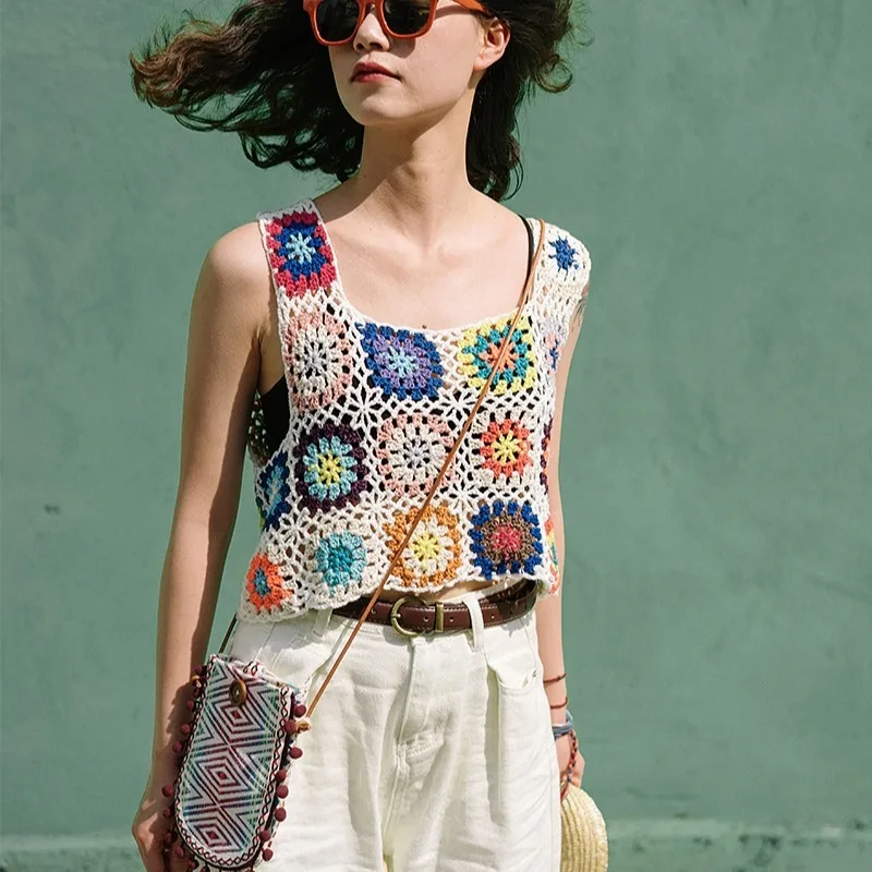 

Fashion Summer Sleeveless Crop Tops Y2k Boho Style Vintage Knitted Tops Women Camisolecrochet Hollow Out Vest Beachwear