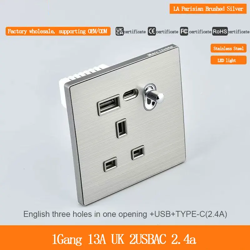 Фото Британская розетка на три контакта с 2 портами USB Type-C (2.4A) для зарядки, из нержавеющей стали, серебристая, 13А №2