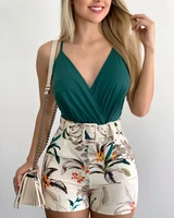 women summer v neck spaghetti strap cami top plants print shorts set with belt femme casual two pieces lady outfits streetwear