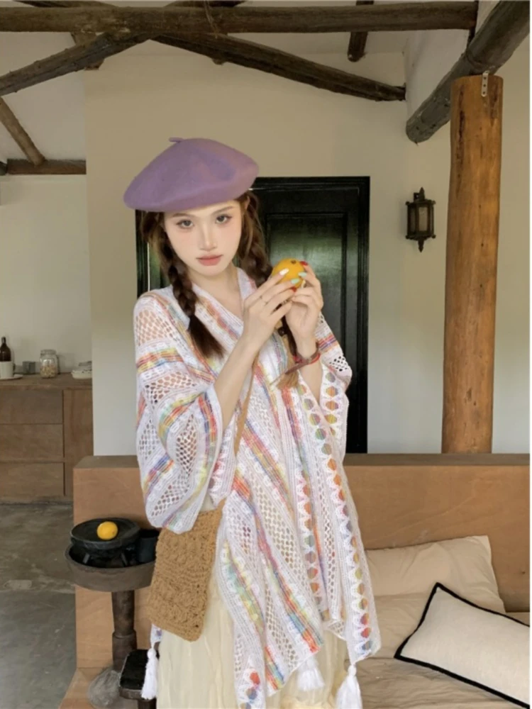 Gaganight женский вязаный кардиган в радужную контрастную полоску с кисточками