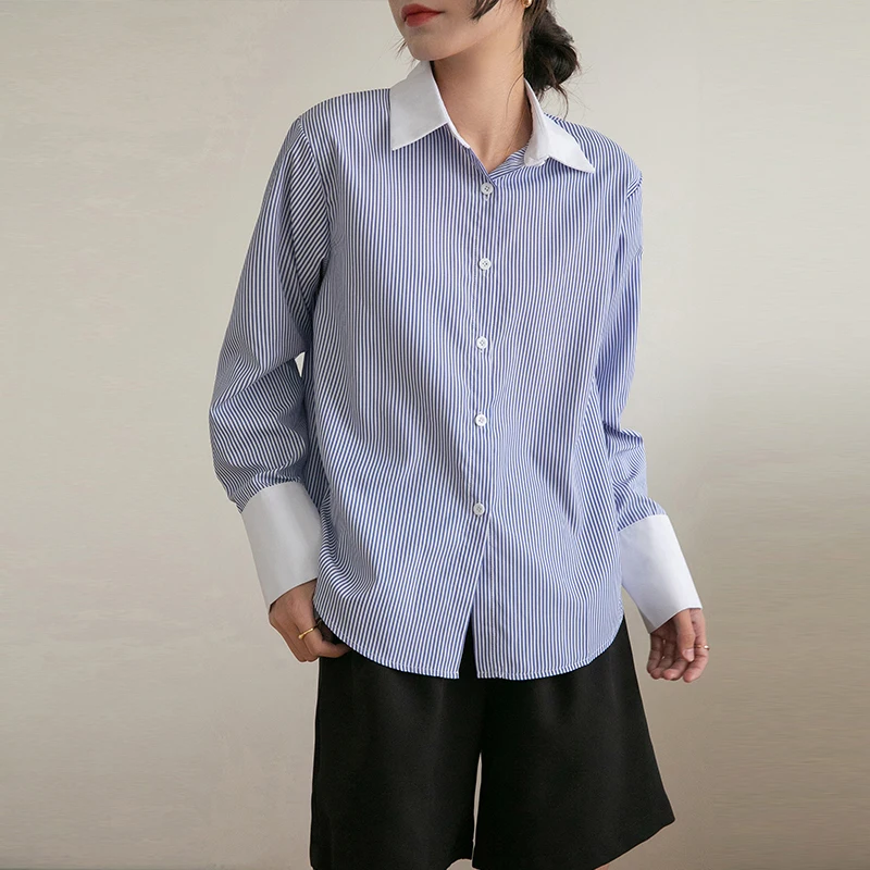 Новая корейская модная женская рубашка в полоску блузка женские топы на
