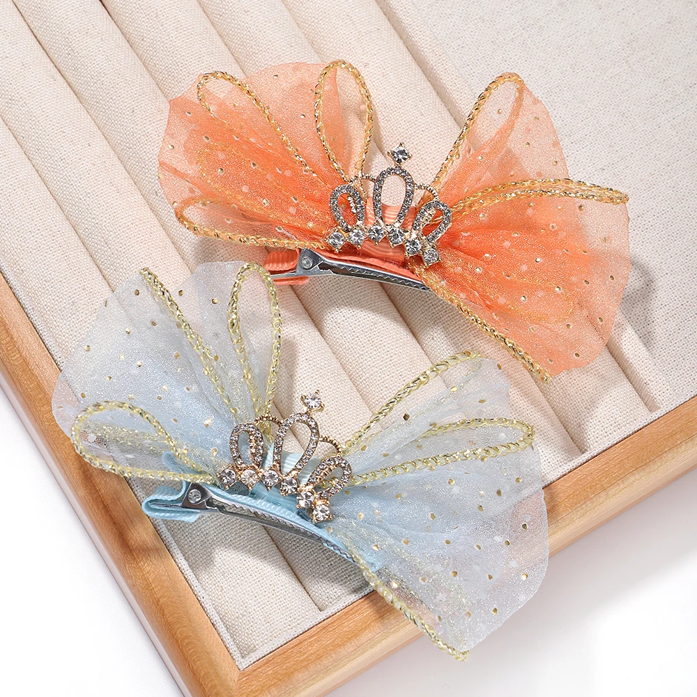

2pcs Girls Hair Clip Lovely Organza Bow Hairpins Kids Barrettes Zircon Crown Hair Ornaments Children Princess Hair Accessories