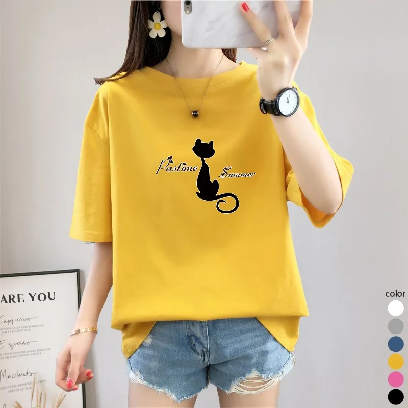 

[SENT TODAY] Style AYUO Buffett Cotton 100% Cat Half-sleeved Ty Women's Big-size boxy half-sleeved T-shirt self-produced [AYG6TS