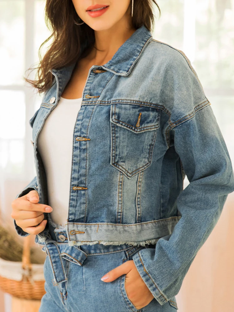 

Куртка женская джинсовая однобортная в стиле ретро, уличная одежда свободного покроя с необработанным краем, синяя верхняя одежда с лацканами, весна-осень