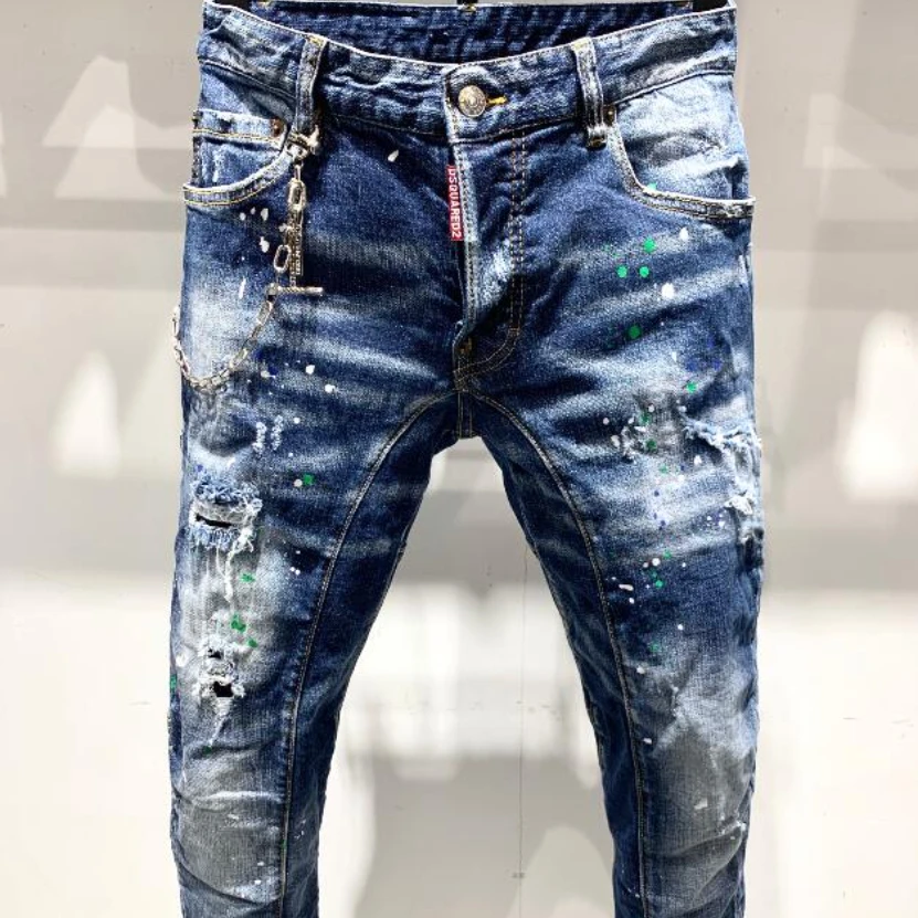 

Фабричные роскошные мужские джинсы с рваными дырками DSQUARED2 упругая краска спрей синие сшиваемые цепи нищие брюки джинсы-Карго