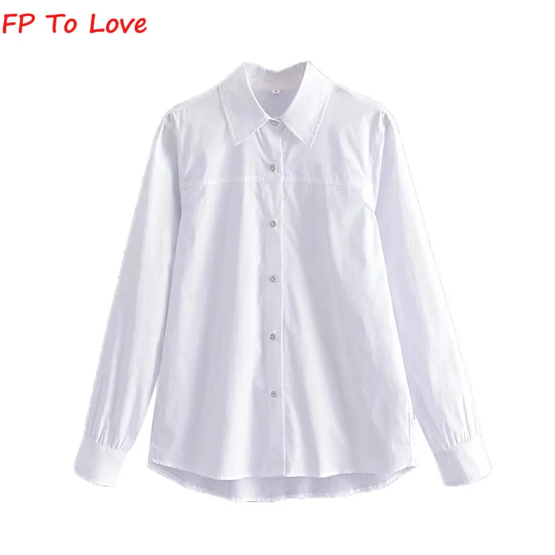 

FP TO LOVE Summer 2022 White Jeweled Button Poplin Shirt Lapel Long Sleeve Single Breasted Chic Top