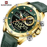 naviforce fashion business dual display men watches green genuine leather quartz luminous chronograph waterproof male wristwatch