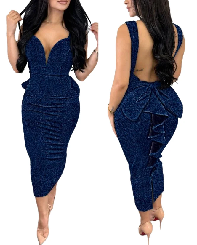 

Elegant Women's Dress 2023 Glitter Plunge Ruffle Hem Backless Party Dress Slim Mid-Length Sexy Irregular Evening Dress