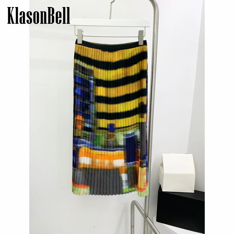 

11.30 KlasonBell Elegant Temperament Striped Print Pattern Pleated Skirt Women