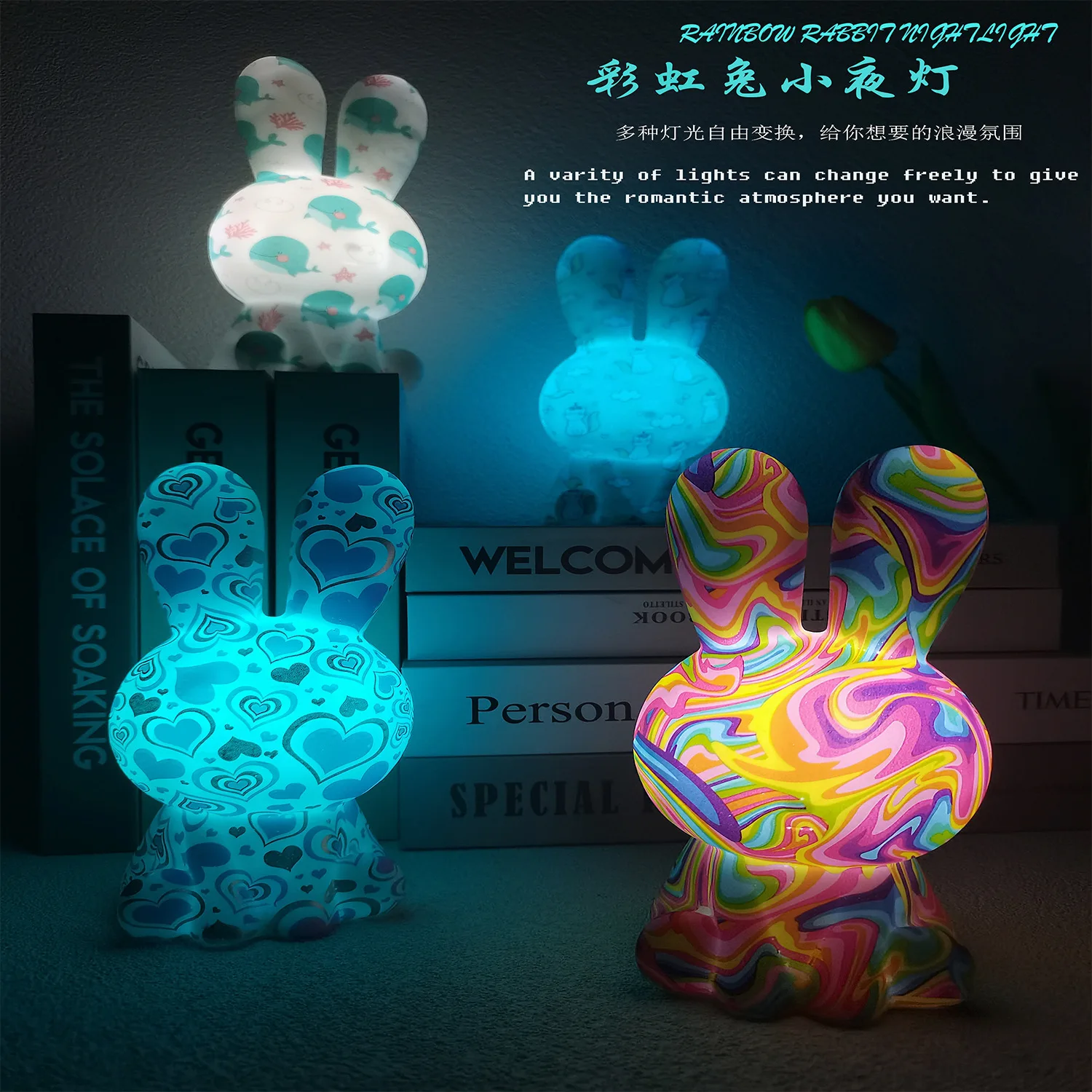 Rabbit Lamp Chinese Valentine's Day Gift Atmosphere Table Lamp Led Pat Lamp Painted 3D Printing Color Small Night Lamp