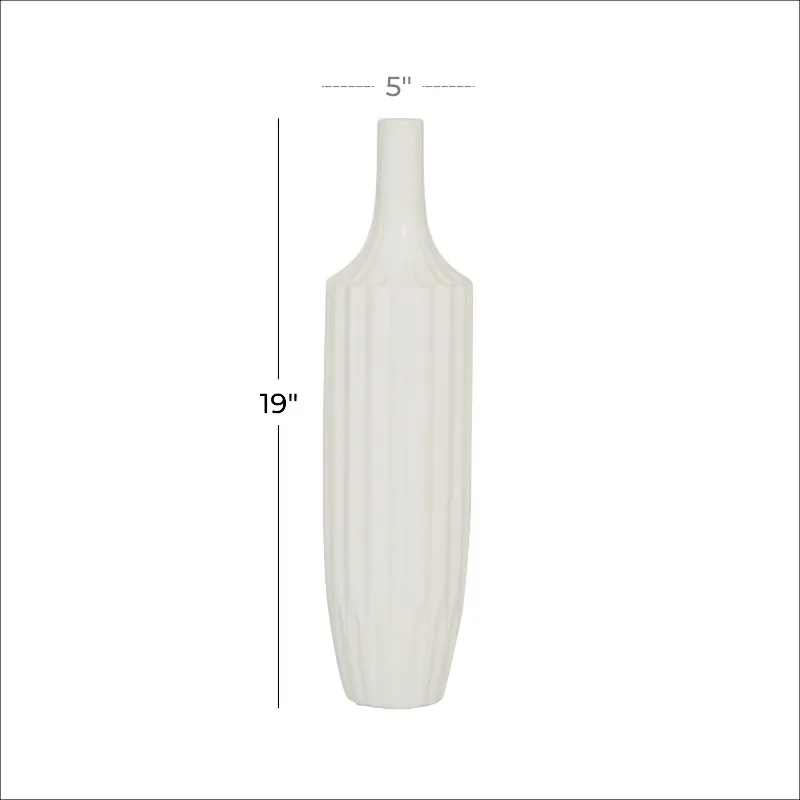 

Charming 5"W x 19"H Ceramic Tall White Decorative Vase with Vertical Groove Pattern - Home Decor.