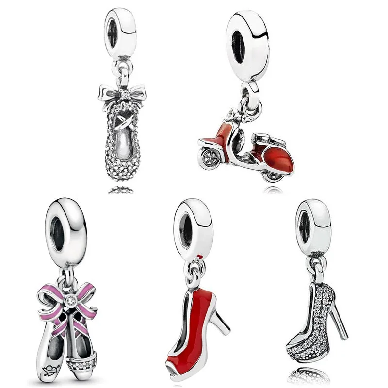 Original Tinker Red Enamel Scooter High-heeled Stiletto Crystal Pendant Bead Fit Europe Bracelet 925 Sterling Silver Charm