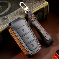 3 button leather car key cover case for volkswagen vw cc passat b6 b7 remote fob protector with key chains