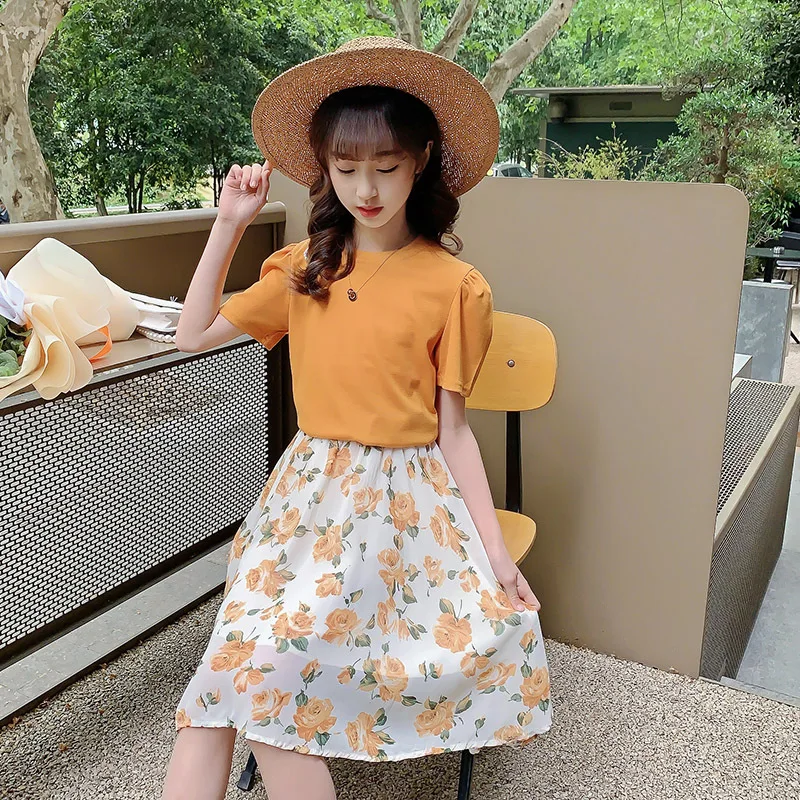 

Summer Kids Girls Clothes Sets Teenage 6 8 9 12 Years Orange Children's Clothing Sets Puff Sleeve T-shirt Floral Skirt Outfits