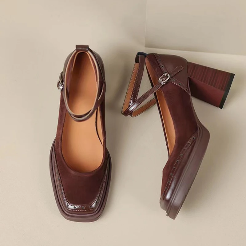 Женские туфли мэри джейн на высоком каблуке короткие замшевые с квадратным