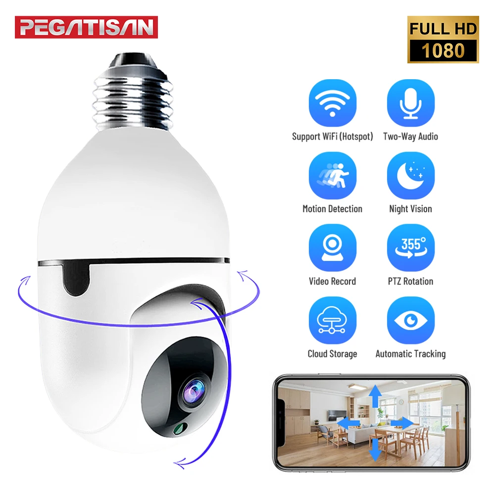 

PEGATISAN E27 Light Bulb WIFI PTZ Camera 360 degrees HD 1080P Rotation Auto Tracking Panoramic Wireless Camera Remote Monitoring