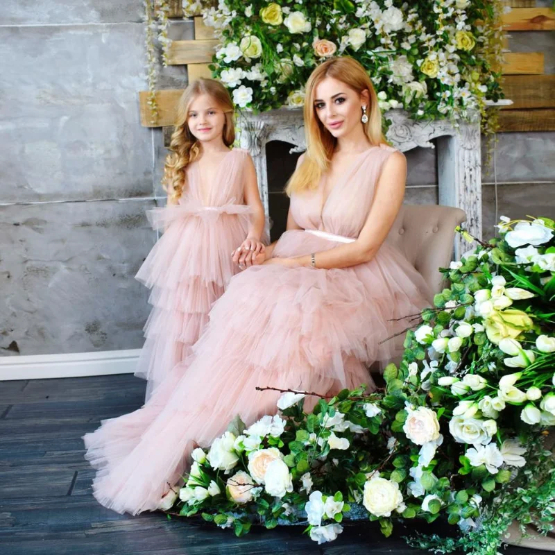 Sweet Pink Mommy & Me Tulle Dress Custom Made Puffy Tiered Women Kids Tulle Skirt Dresses Long Maxi Wear Mother And Daughter