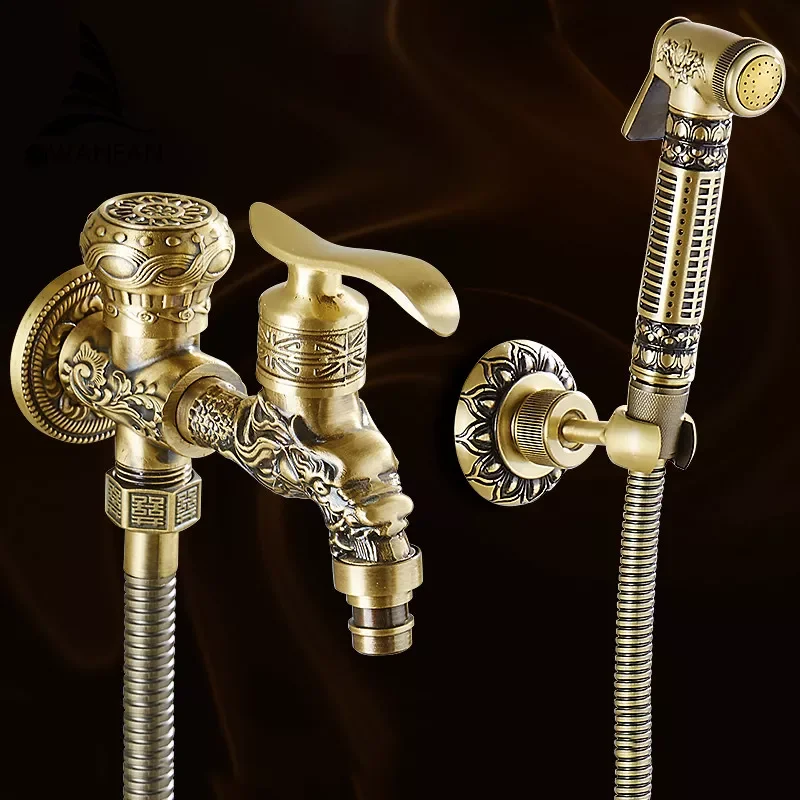 

Bidet Faucets Antique Brass Wall Mounted Bathroom Hygienic Shower Sprayer Water Faucet Airbrush Toilet Washing Machine Tap WF556