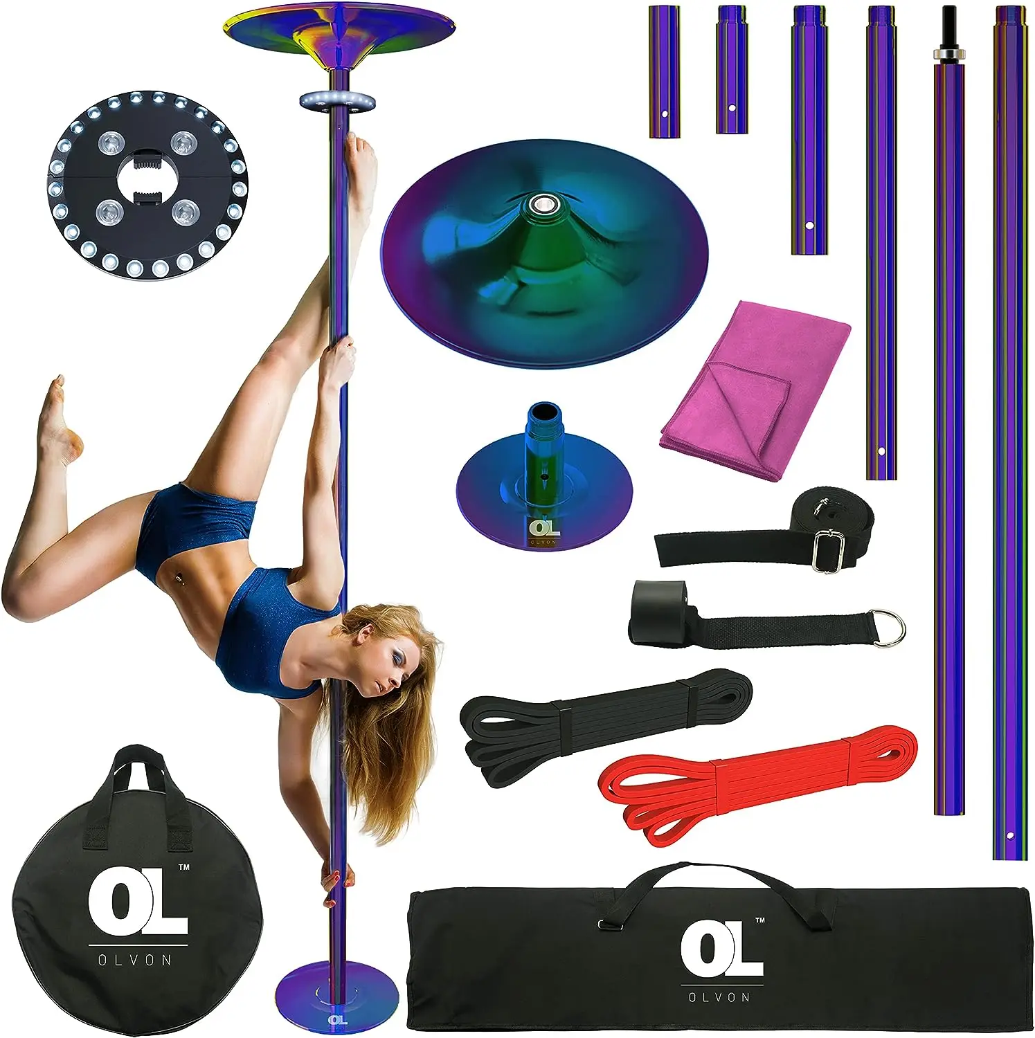 

Pole for Home | 7.3-10.7ft Portable Dance Pole Kit for Exercises | Spinning and Static Dancing Pole | Includes Light, Microfiber