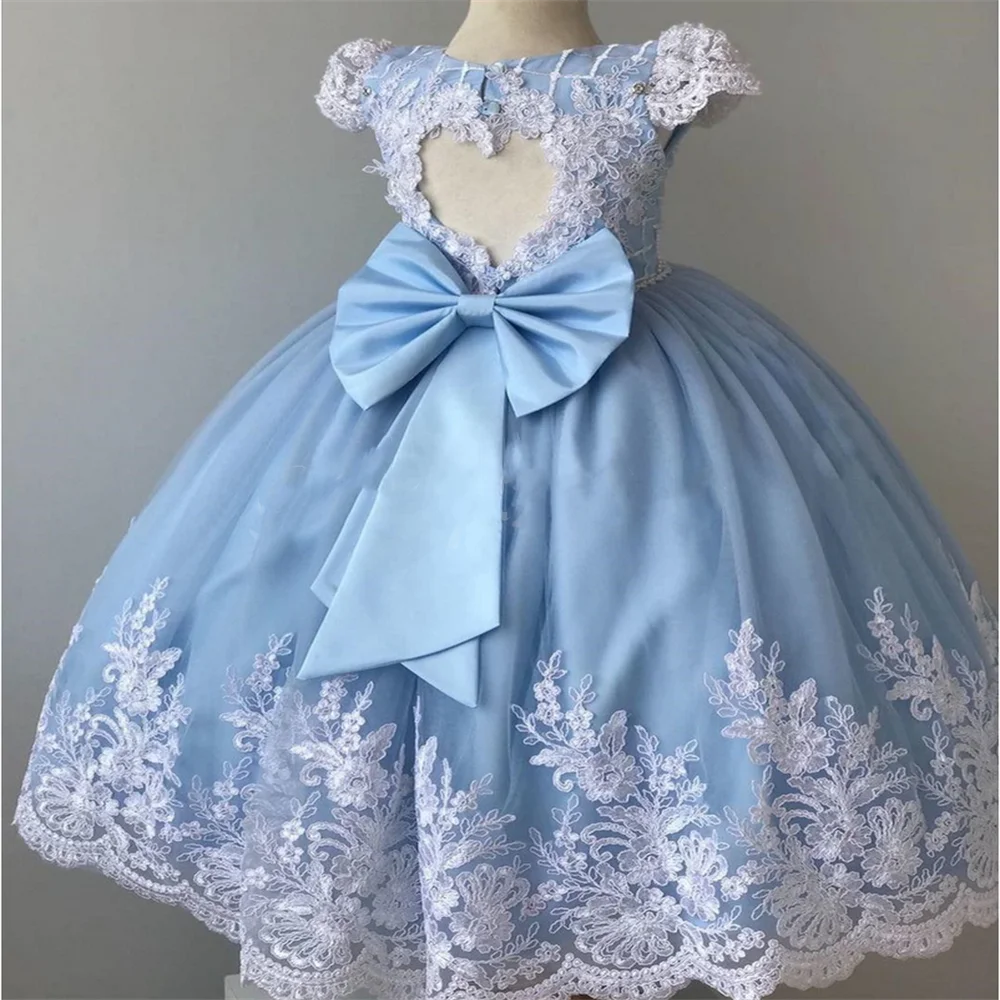 

Baby Girl Dress for Birthday Applique Lace Satin Bow O Neck Child Dress Princess Wedding Party Gown Kid First Communion