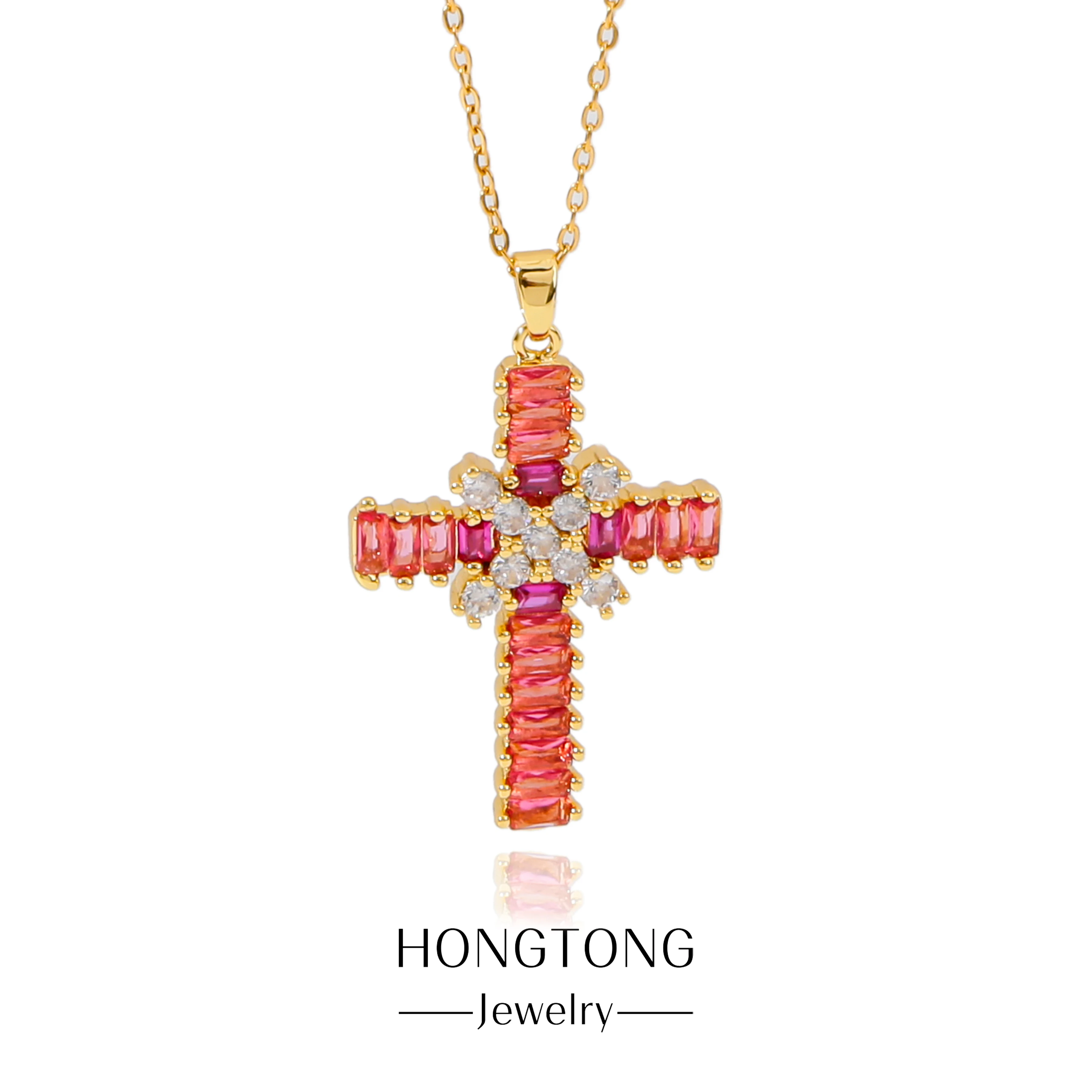 

HONGTONG Classic Red And White Two-Color Cross Statue Pendant Necklace Cross Temperament Jewelry Stainless Steel Women's Gift