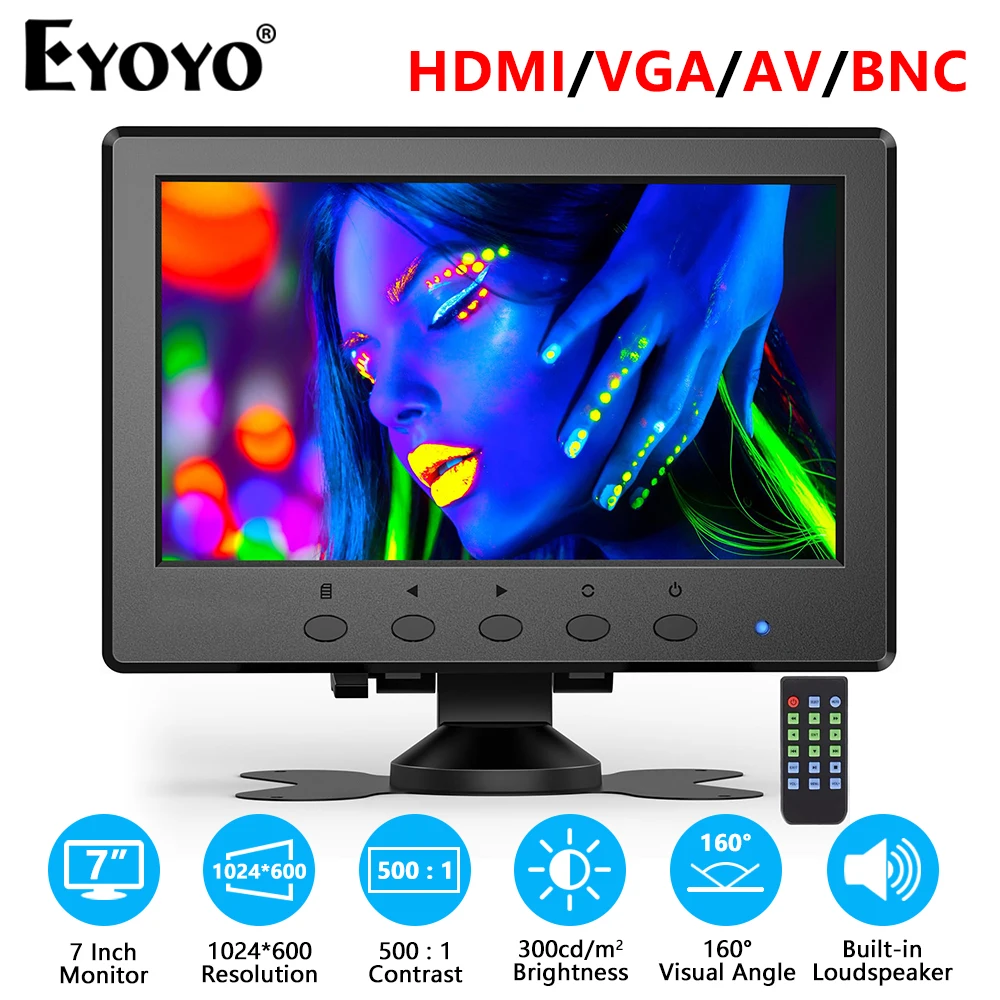 Eyoyo 7-дюймовый IPS монитор 1024x600 маленький портативный дисплей с дистанционным управлением и динамиками, HDMI/VGA/BNC/AV/USB вход для ПК CCTV DVD DVR