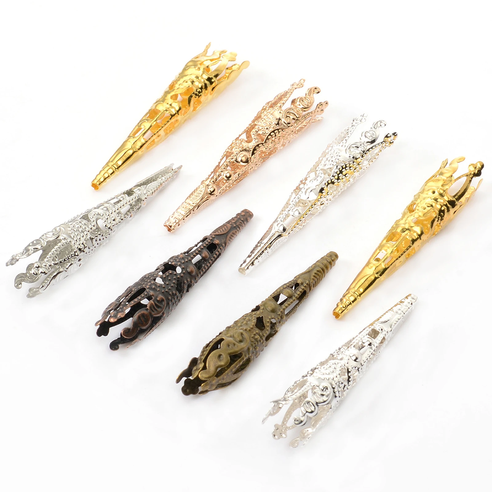 

30pcs/lot 42X8mm Alloy Caps Bead Hollow Out Flower Bugle Filigree Bead End Cap Cone Jewelry Making Accessories Supplies