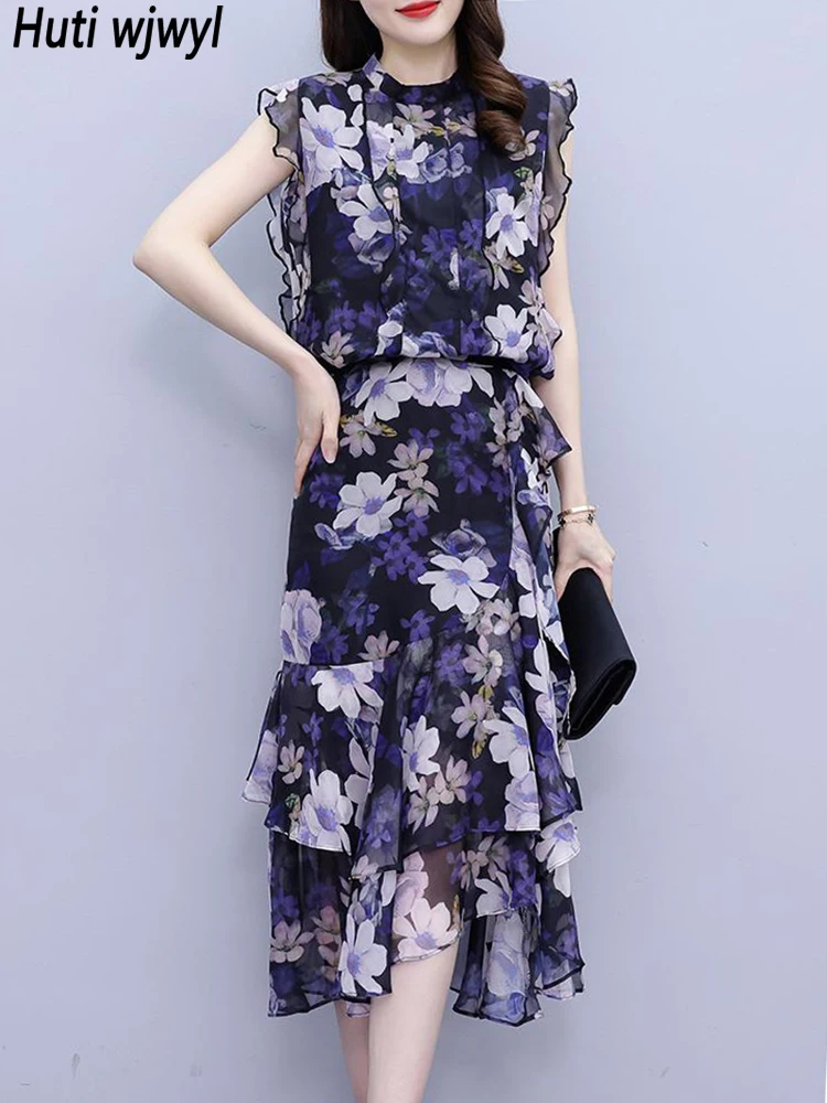 

2023 Summer Casual Chic Ruffled Cake Skirt Women Elegant Fashion Bodycon Prom Night Long Vestido Vintage Floral Party Midi Dress