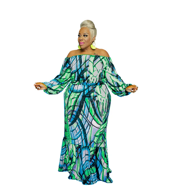 Plus Size Women Sets Off Shoulder Graffiti Print Shirts And Dresses 2022 Autumn Two Piece Sets Fashion Elegant Wholesale Clothes