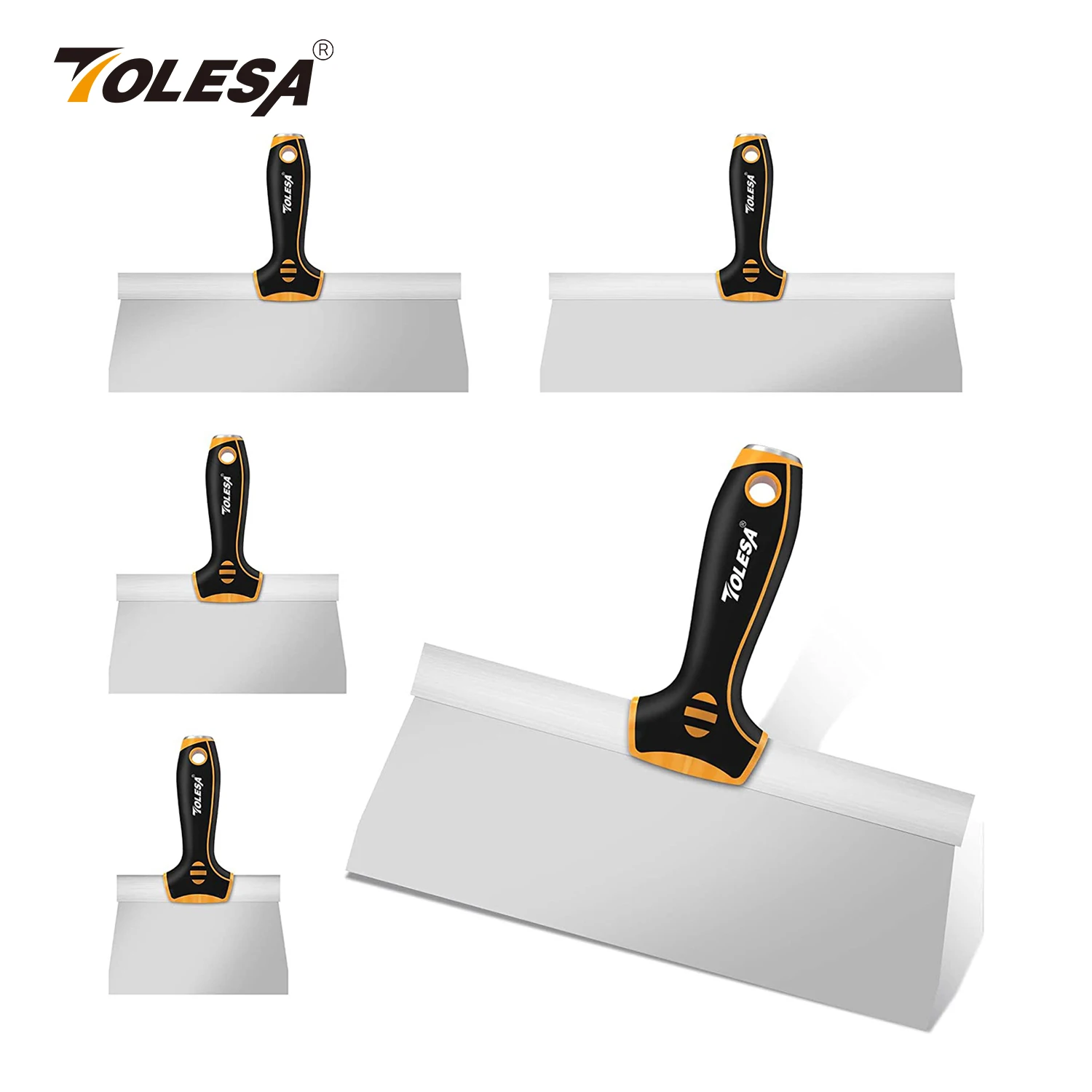

Stainless Steel Taping Knife TOLESA 5PCS Drywall Taping Knife 6/8/10/12/14" with Soft Non-slip Grip Hammer End Drywall Mud Tools