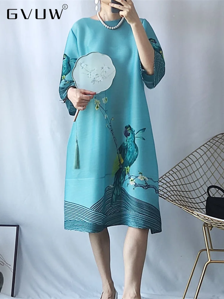 

GVUW Vintage Bird Print Pleated Dress Women O-neck Loose Half Sleeve A-line 2023 Spring Female Fashion Clothing Elegant 17D1300