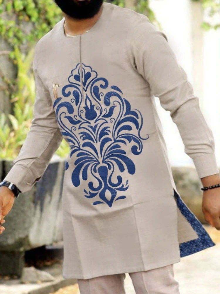 Muslim Fashion New Men Mid Length Middle East Men's Shirt Digital Printing Long Sleeve Suit Arabic Shirt European Clothing 2022