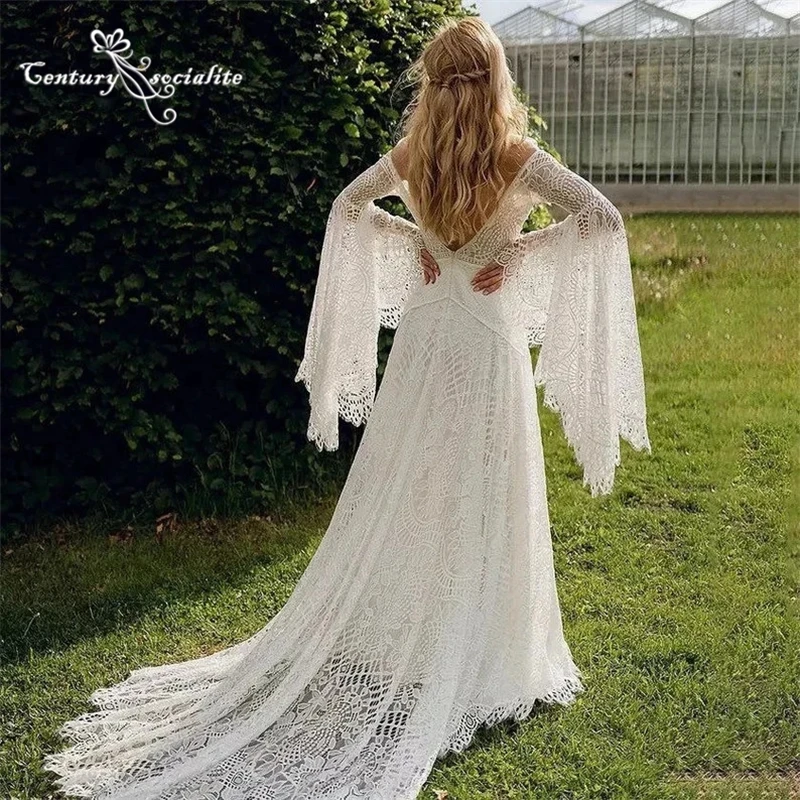 

Женское свадебное платье в стиле бохо, Пляжное Платье-трапеция с расширяющимся книзу рукавом и открытой спиной, платье невесты в богемном с...