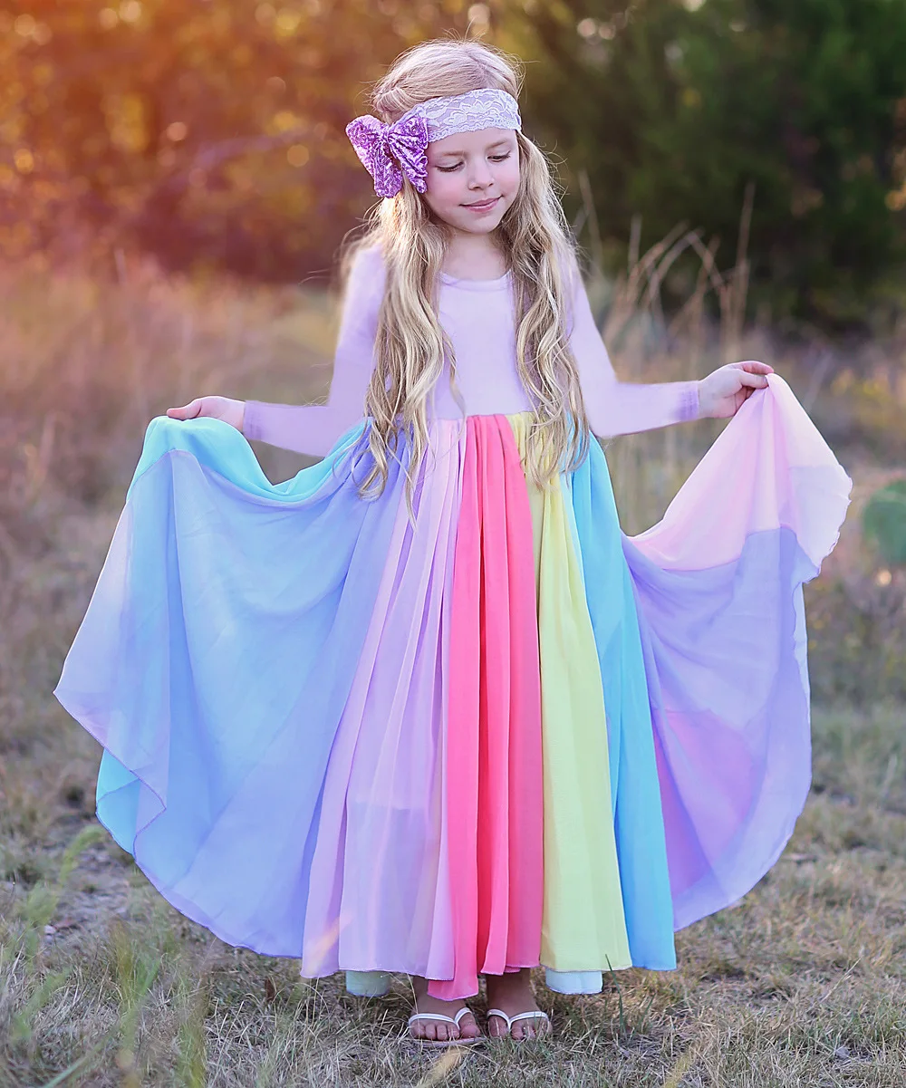 

2023 New Popular Childrens Dress Autumn and Winter Long Sleeve Rainbow Mesh Kids Fashion Print Baby Girl Clothes
