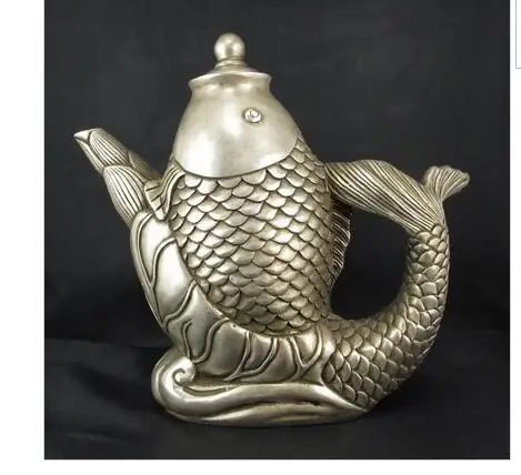 Chinese White Copper Silver Fish Statue Wine Tea Pot Flagon decoration bronze factory outletsroom Art Statue