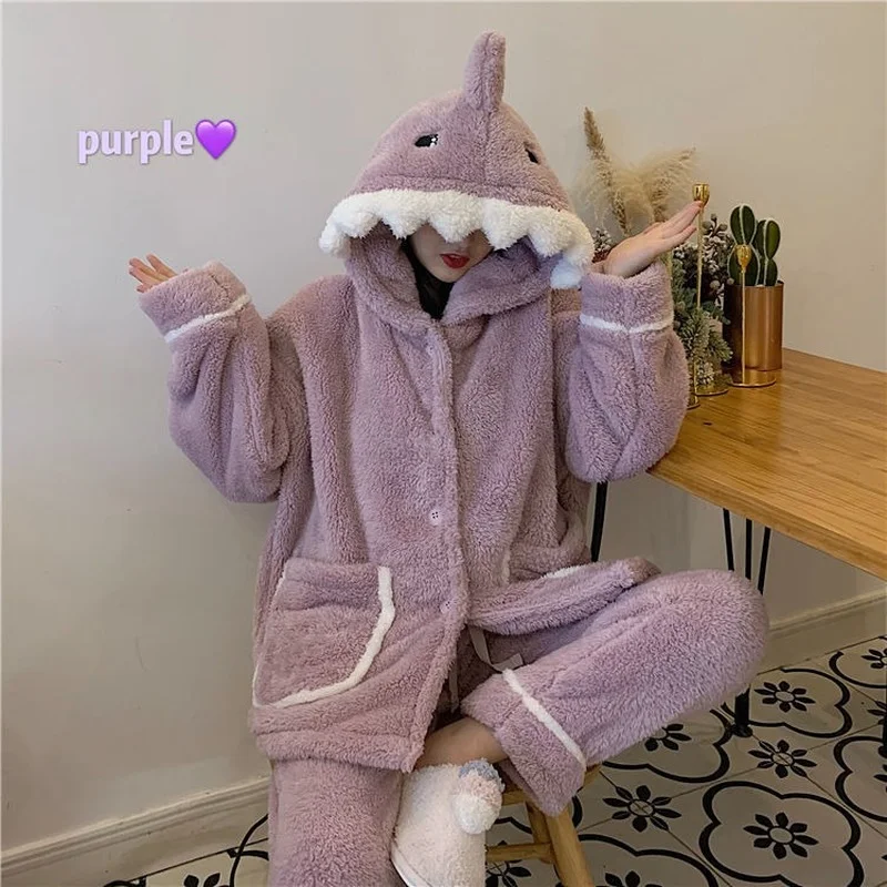 Shark Women's Pajamas Flannel Hooded Sleepwear Kawaii Pijama Female Set with Pants Cute Pyjamas Halloween Party Loungewear