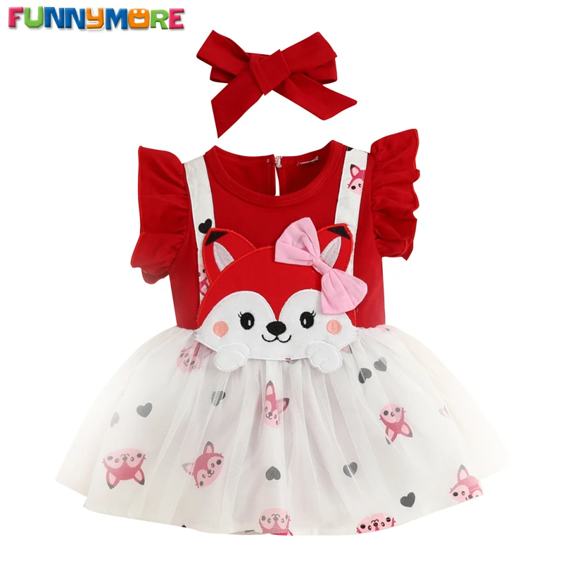 Funnymore 2023 Summer New Girls Infants And Toddlers Small Flying Sleeve Fox Embroidered Dress 0-18m Baby Clothes Mesh Dress