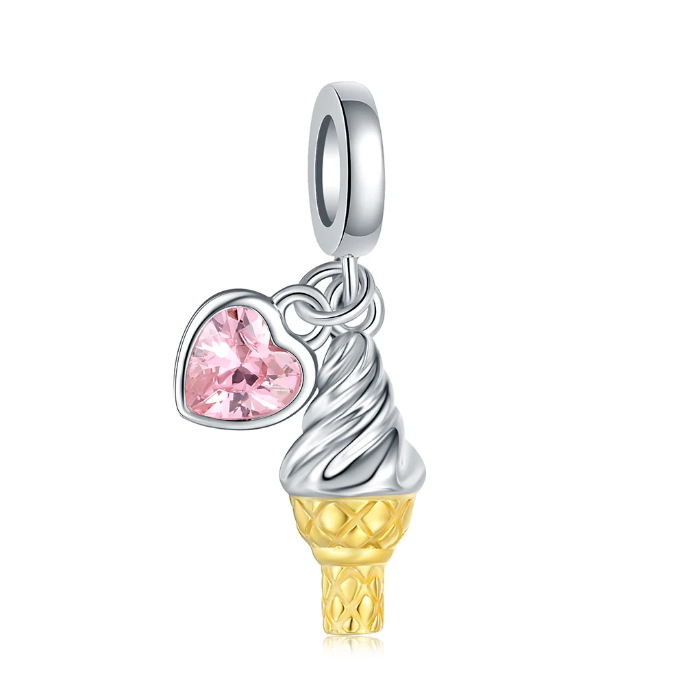 

925 Sterling Silver Ice Cream Charm Pink Heart Bead Fit European Bracelet/Necklaces Jewelry For Women Girls Friends Summer Gifts
