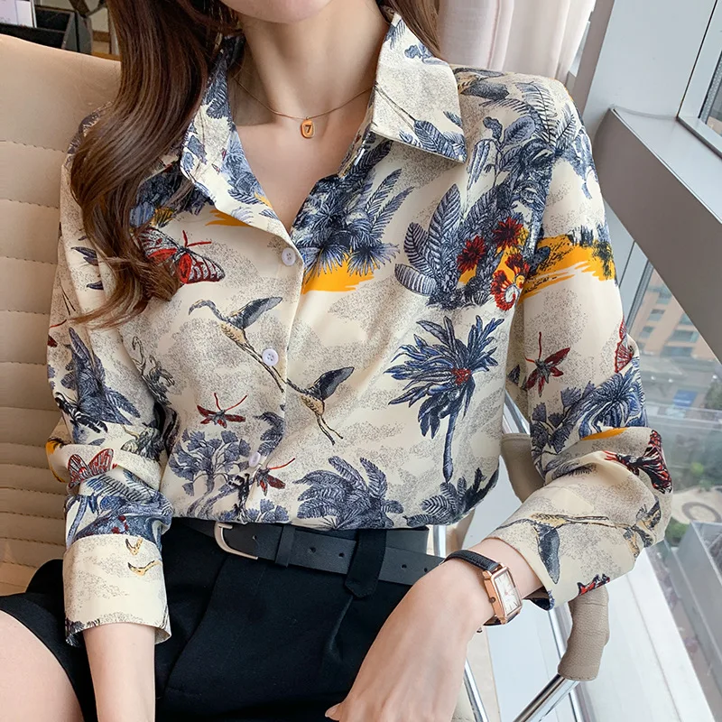 

Women's Shirt Korean Style Vintage Contrast Floral Print Shirts Long Sleeve Blouse Y2k Chic Blusa Feminina Tops Camisa Mujer