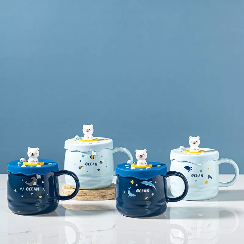 

2022New Ml Ins Bear Marine Animal Cute Kawaii Ceramic Mug With Silicone Lid Water Cup Espresso Coffee Drinks Wine Cup Christmas